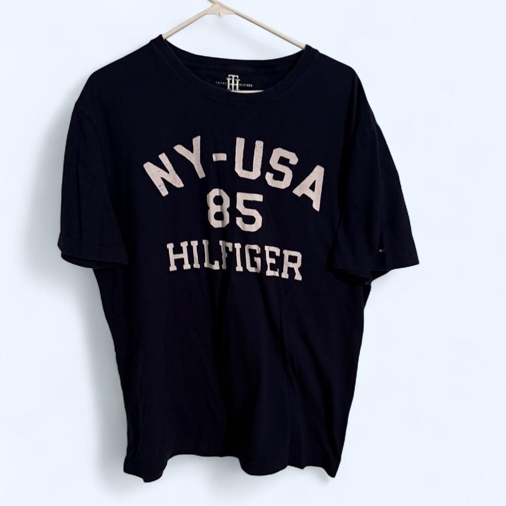Tommy Hilfiger Tee Men XL Navy NY USA 85 Flag Spellout Shirt